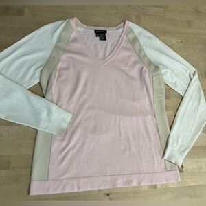 Etcetera Pink v-neck color block Knit Sweater with leather accent
